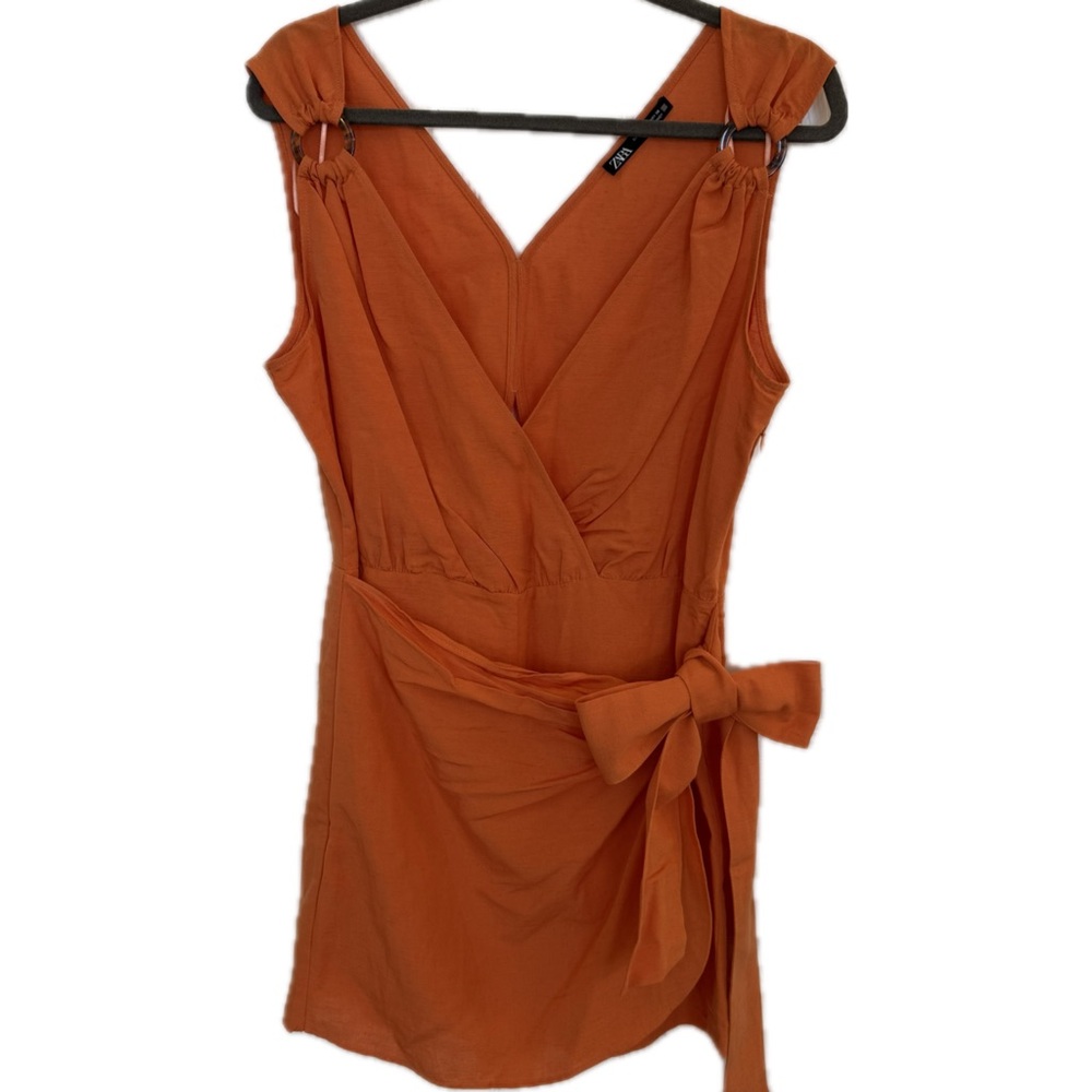 Zara Orange Sleeveless Wrap Romper with Waist Tie Sz L